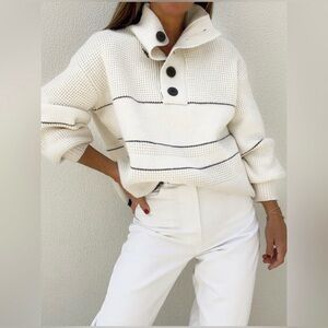 Commense Cream and Black Button-Up Turtleneck Sweater